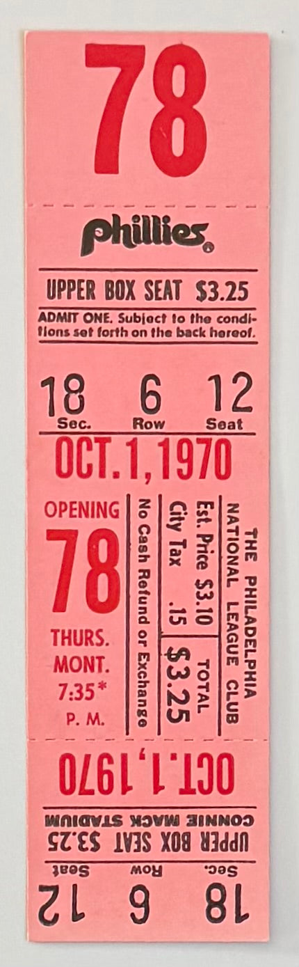 1970 Full Ticket to Last Game Played at Connie Mack Stadium, October 1, 1970