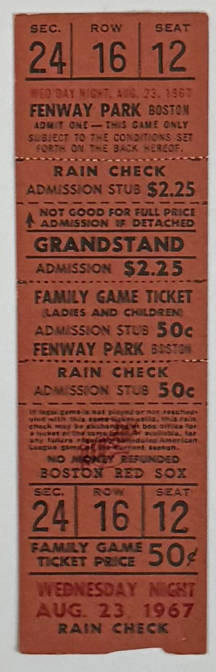 August 23, 1967, Boston Red Sox/Fenway Park, Full Ticket - Yaz Home Run
