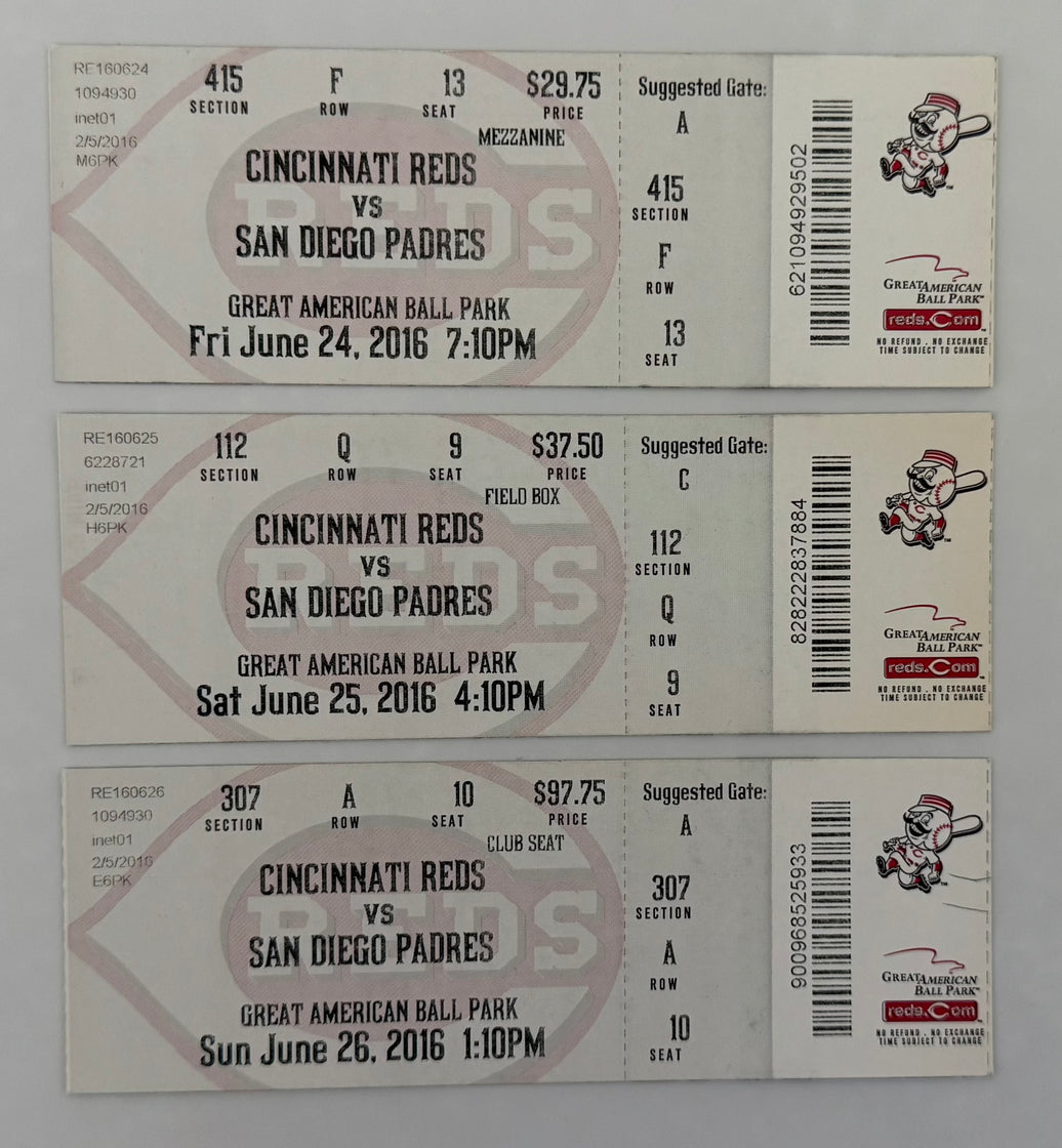 June 24/25/26, 2016, Pete Rose, Reds HOF Induction, Three Tickets
