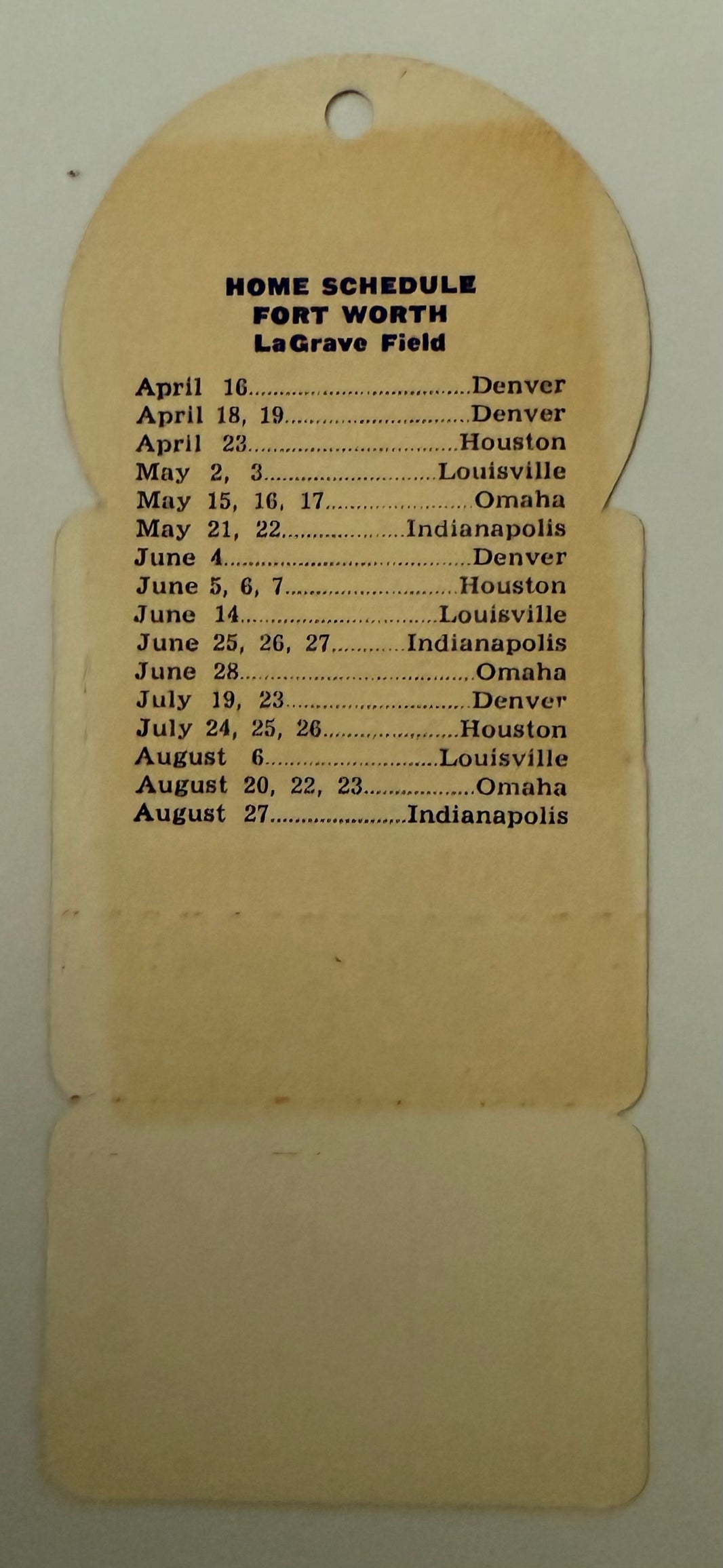 1961 Die Cut Ticket, Opening Day Dallas Fort Worth versus Denver, Lagrave Field