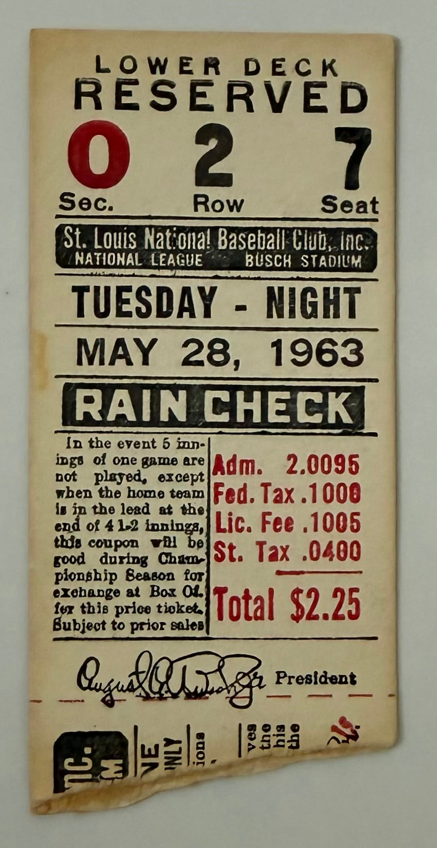 1963 Houston Colt 45’s versus St. Louis Cardinals, May 28, 1963 Stan Musial 1 Hit/1 RBI, Cards win 8 to 7