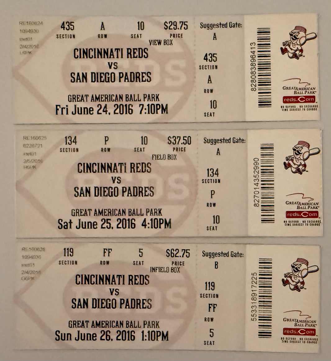 June 24/25/26, 2016, Pete Rose, Reds HOF Induction, Three Tickets