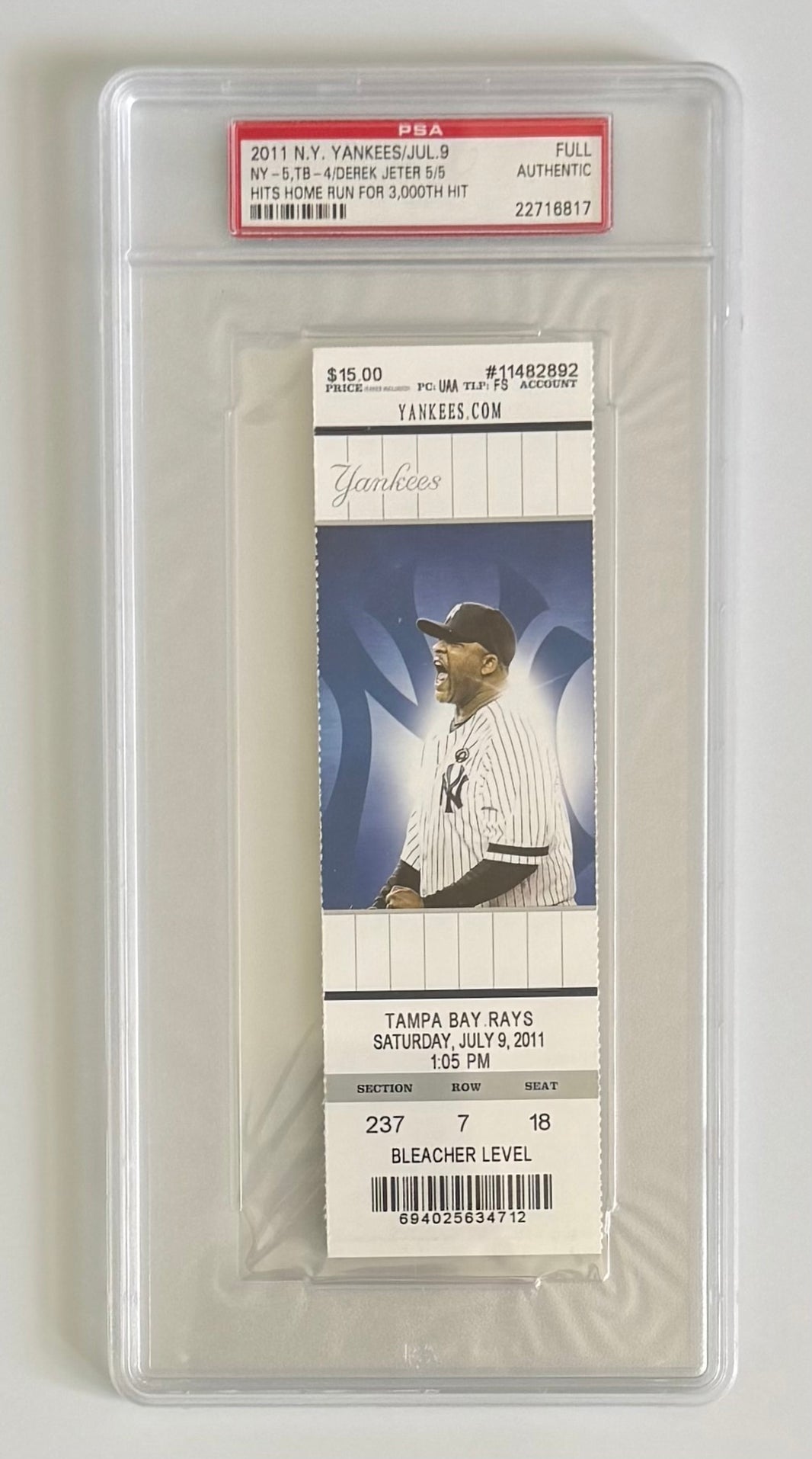 2011 Full Unused Ticket, July 9, 2011, Derek Jeter 5/5 Hits HR for 3000th Hit, PSA Graded