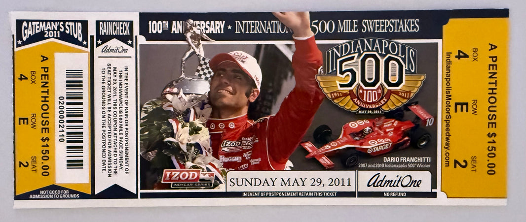 May 29, 2011, 100th Anniversary, Indianapolis 500, Full Penthouse Ticket