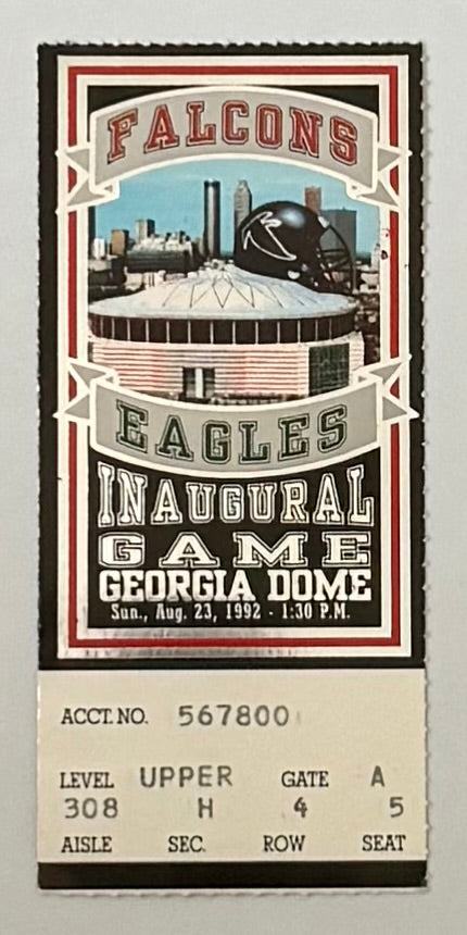 1992 Inaugural Game at Georgia Dome, Falcons versus Eagles, Stub, August 23, 1992