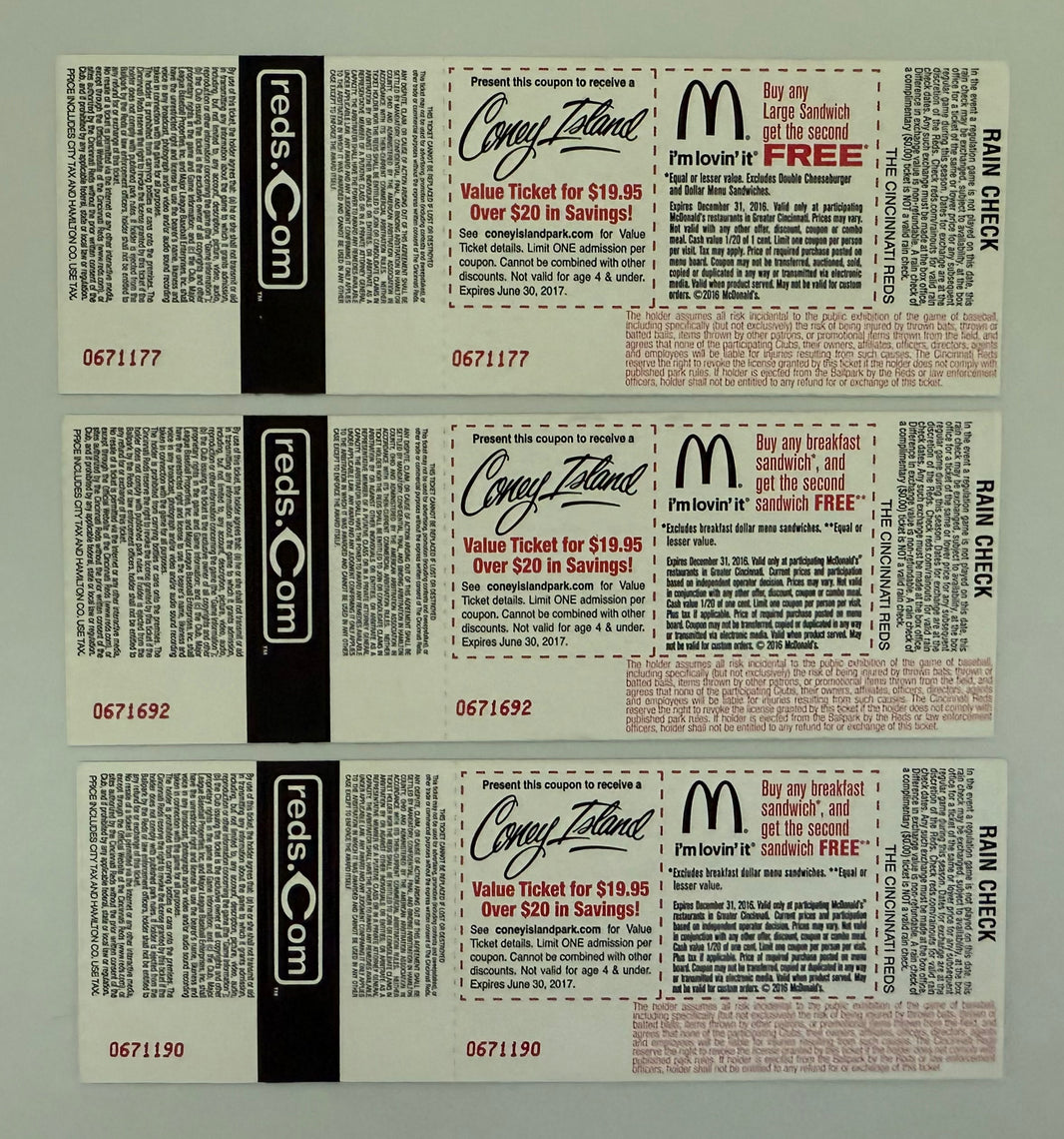 June 24/25/26, 2016, Pete Rose, Reds HOF Induction, Three Tickets