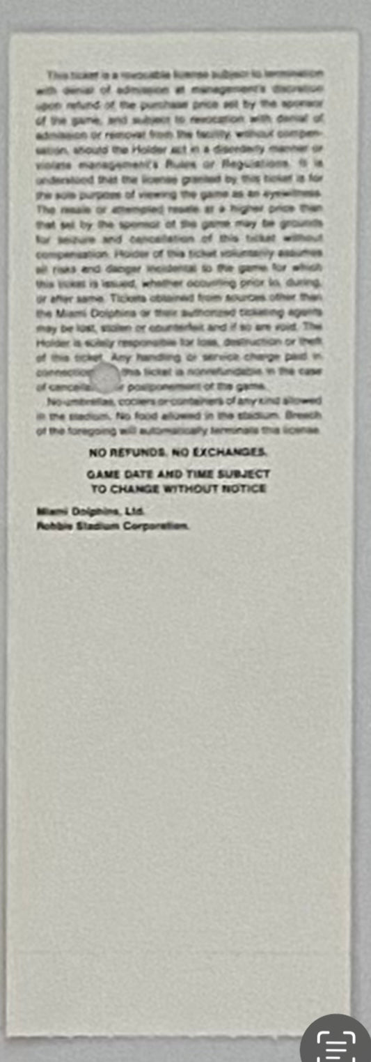 October 11, 1992, Miami Dolphins 21 - Falcons 17, Deion Sanders 2 Sports in 1 Day, Executive Suite Full Ticket, 3"x7"