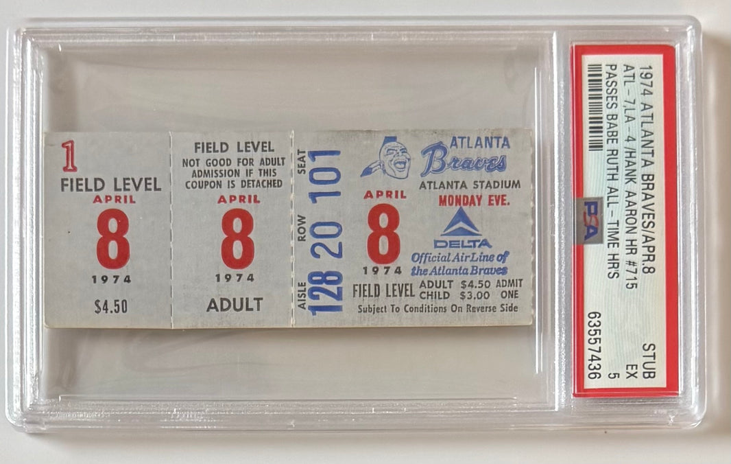 April 8, 1974, Aaron Breaks Ruth Home Run Record, Graded PSA EX, 5