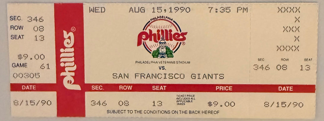 August 15, 1990, Phillies versus Giants, Terry Mulholland, No Hitter