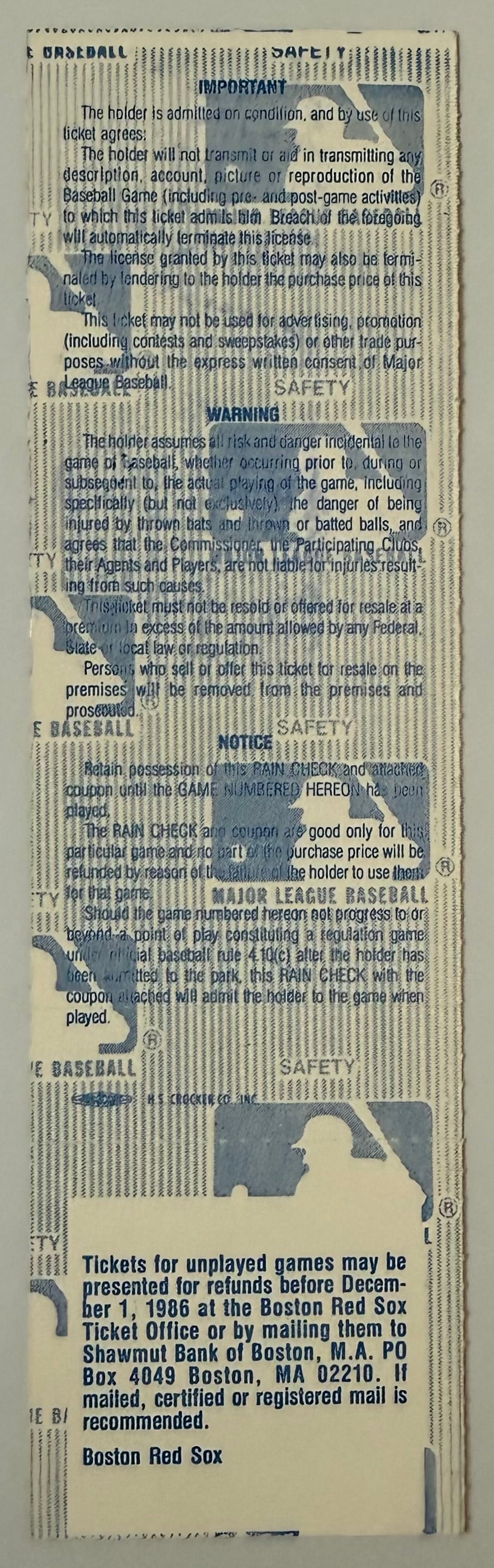 1986 World Series Game Three, Full Ticket, Mets 7 - Red Sox 1