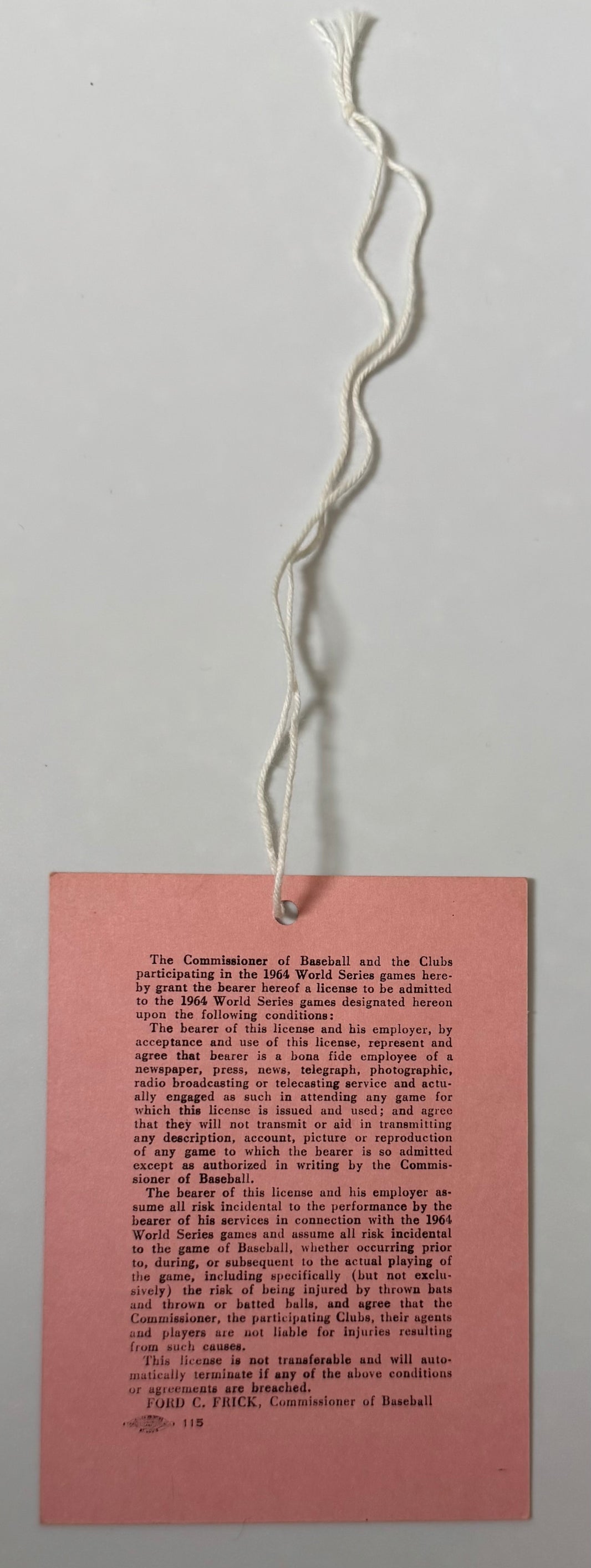 1964 World Series Clubhouse Pass at Busch Stadium