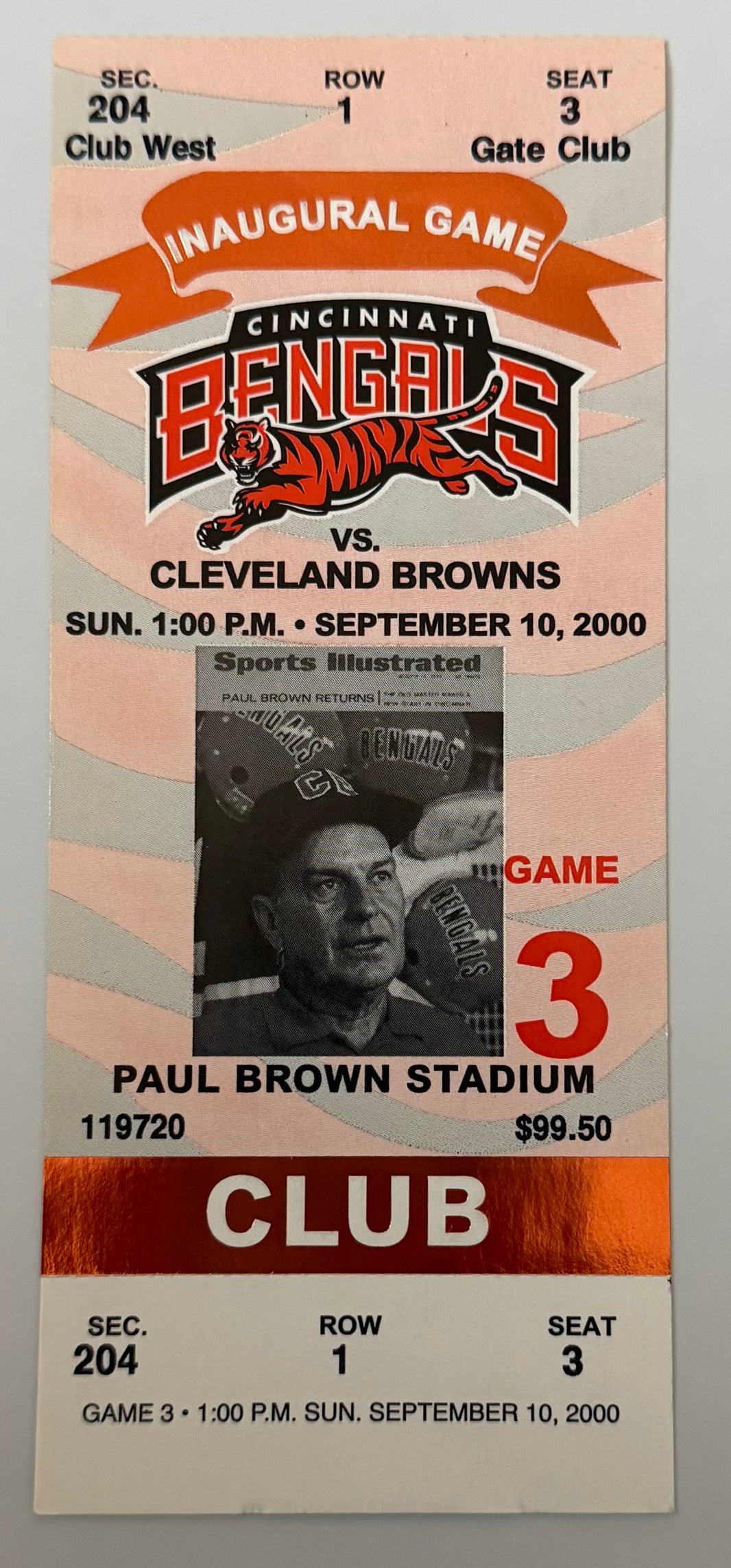 2000 Cincinnati Bengals First Regular Season Opening Game at Paul Brown Stadium, Ticket Labeled Inaugural Game, September 10, 2000
