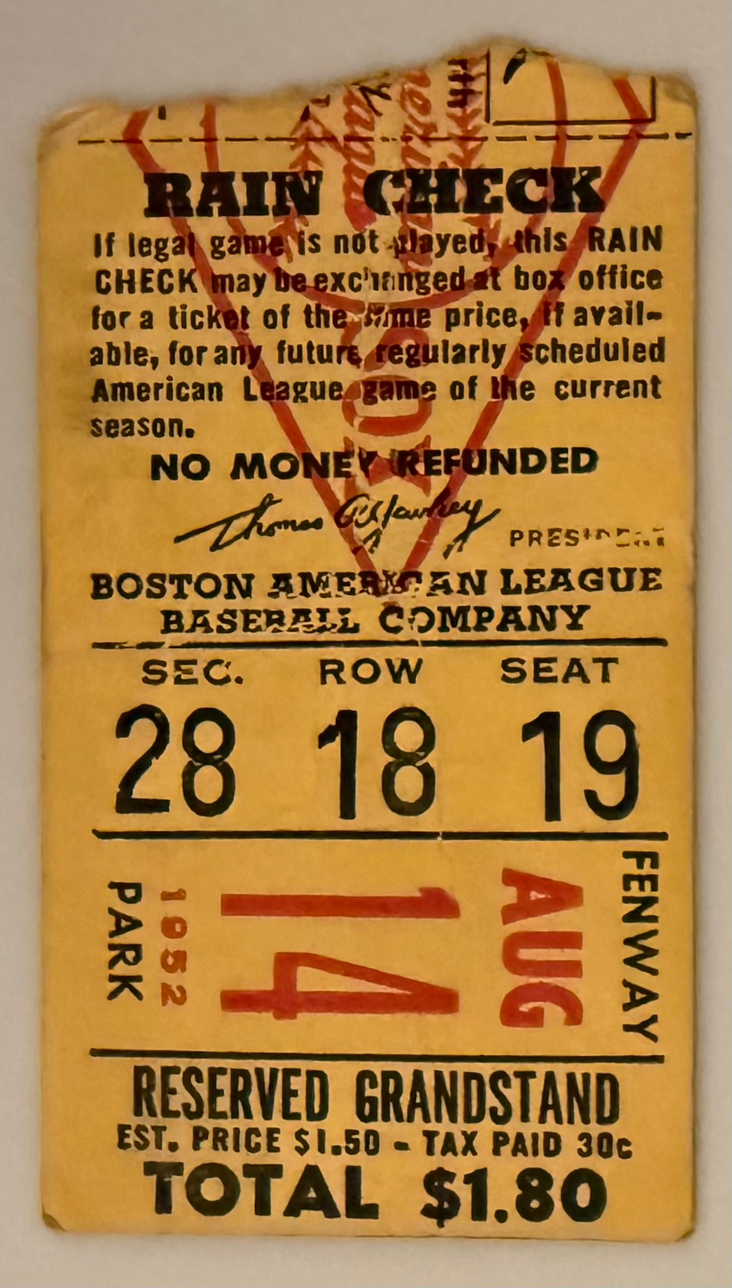 August 14, 1952, Boston Red Sox versus A's, Condition