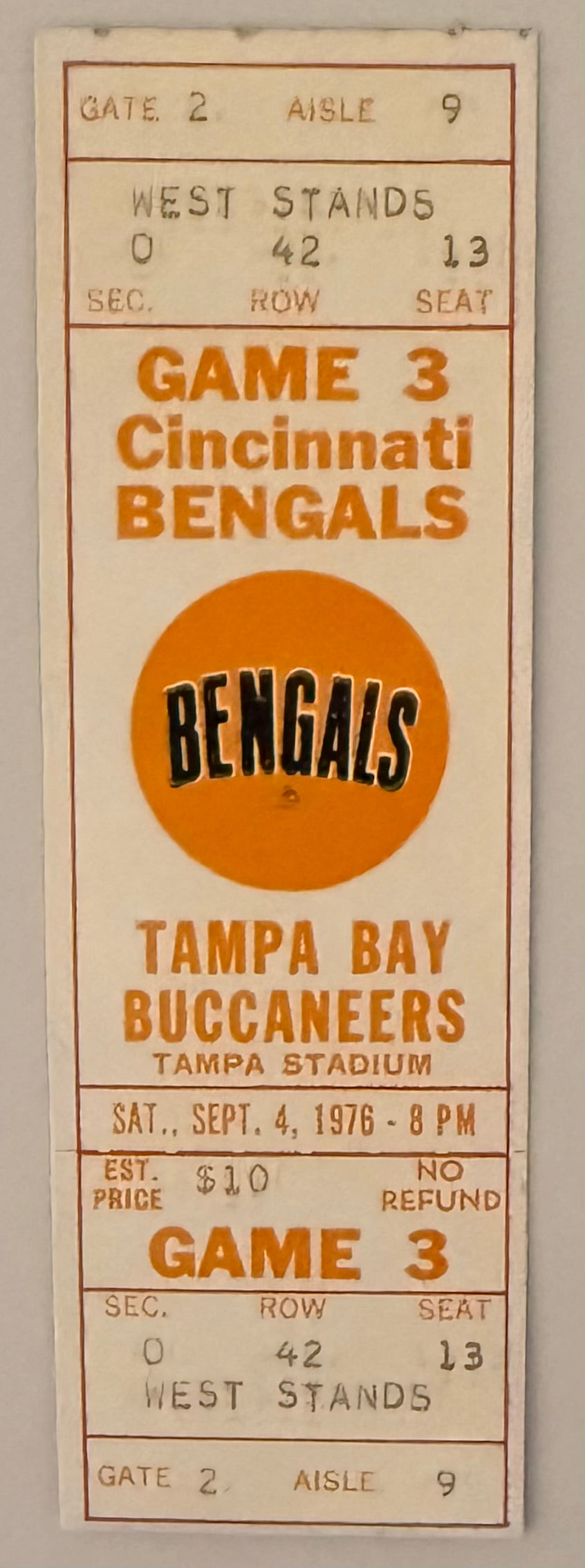 September 4, 1976, Tampa Bay Buccaneers First Season versus Bengals