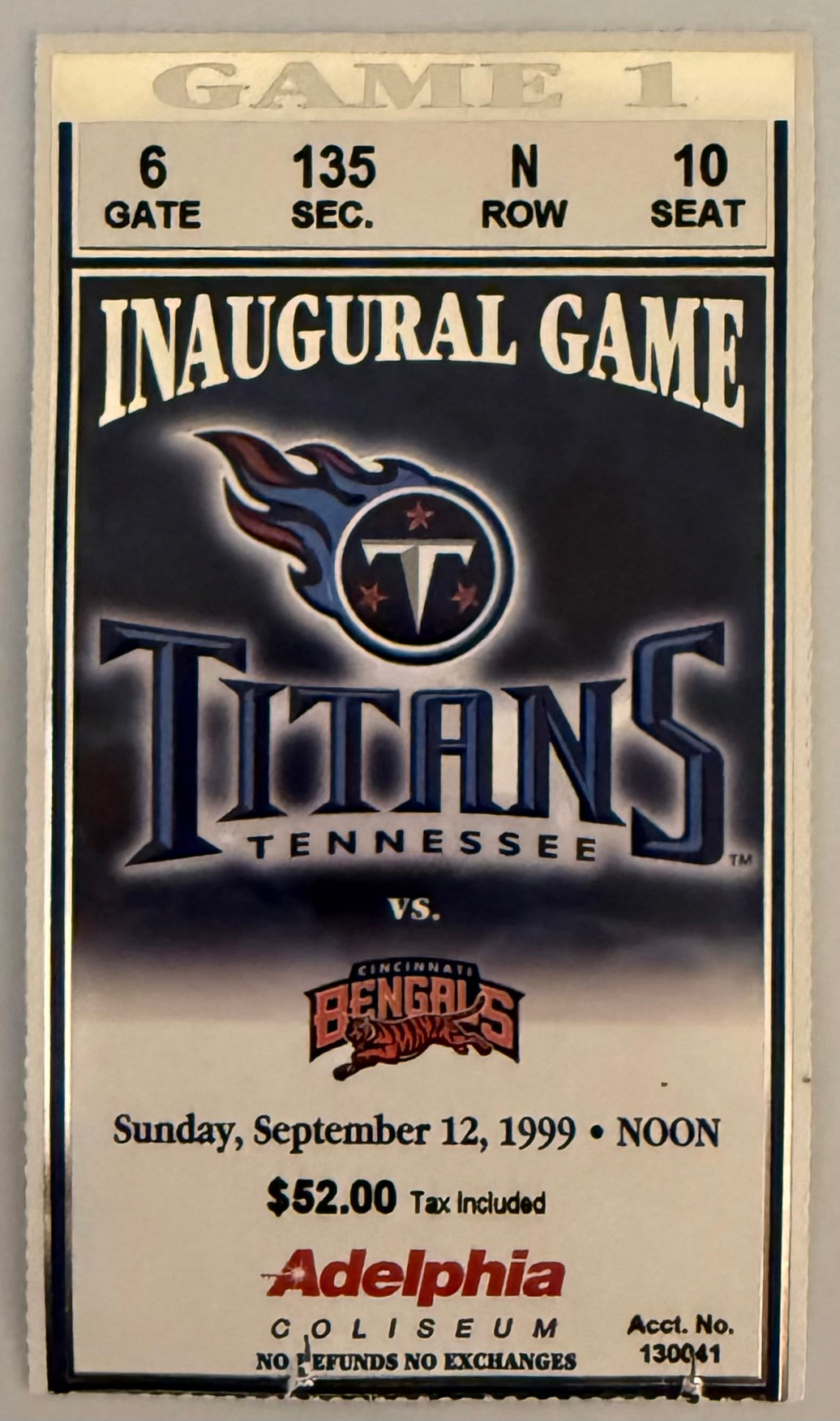 September 12, 1999, Tennessee Titans versus Cincinnati Bengals, First Regular Season Game