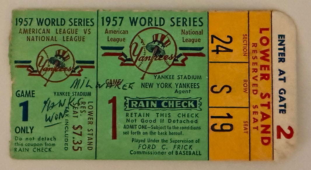 1957 World Series Game 1, Yankees Lose to Braves in 7 Games, Hank Aaron WS Debut, Writing on Stub