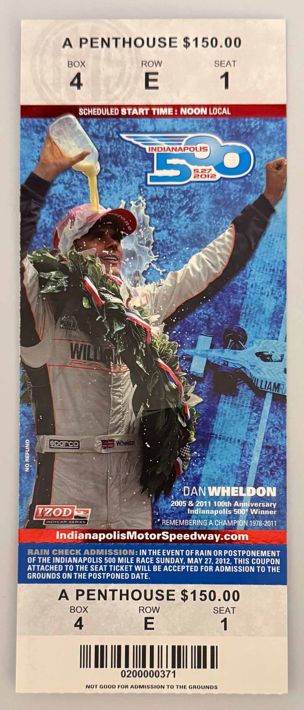 May 27, 2012, Indianapolis 500 Penthouse Ticket