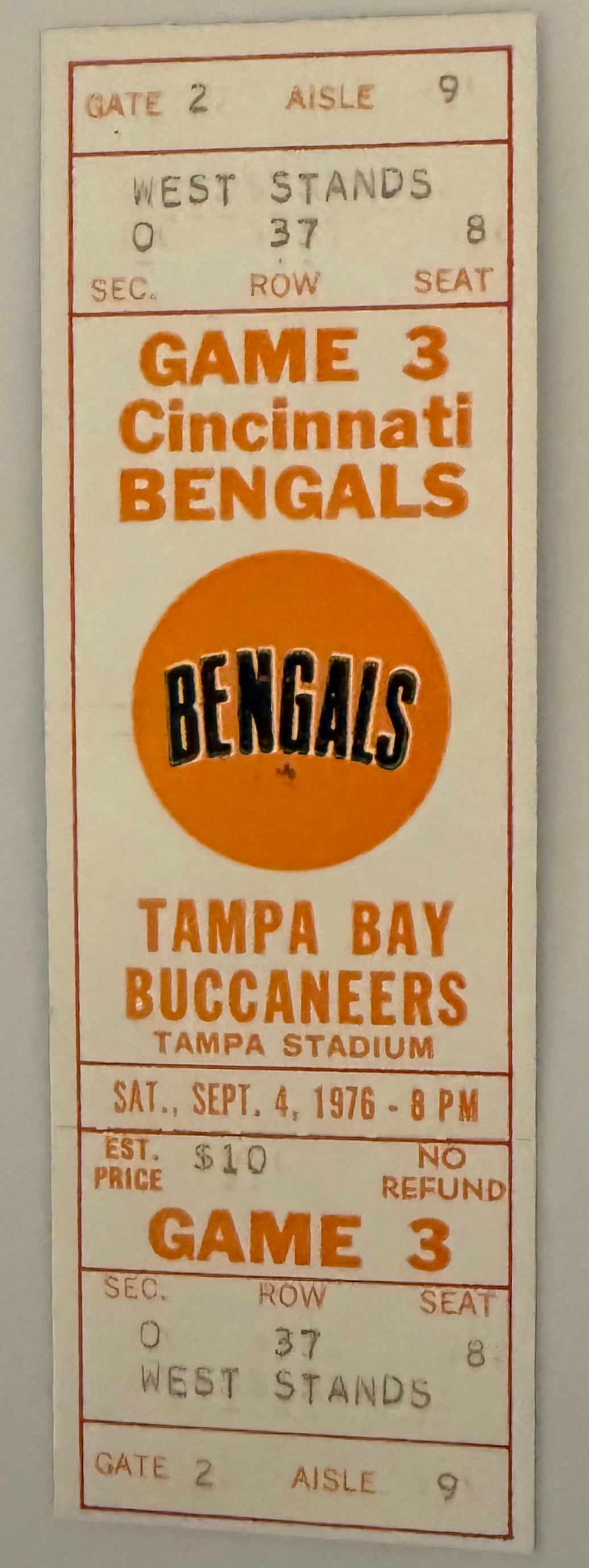 September 4, 1976, Tampa Bay Buccaneers First Season versus Bengals