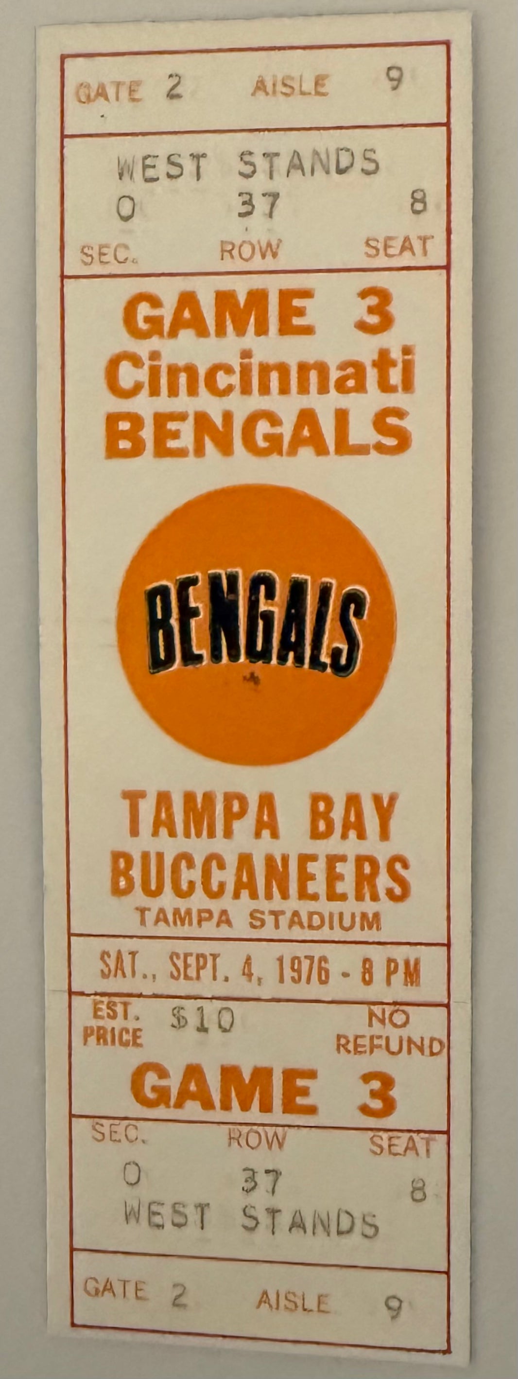 September 4, 1976, Tampa Bay Buccaneers First Season versus Bengals