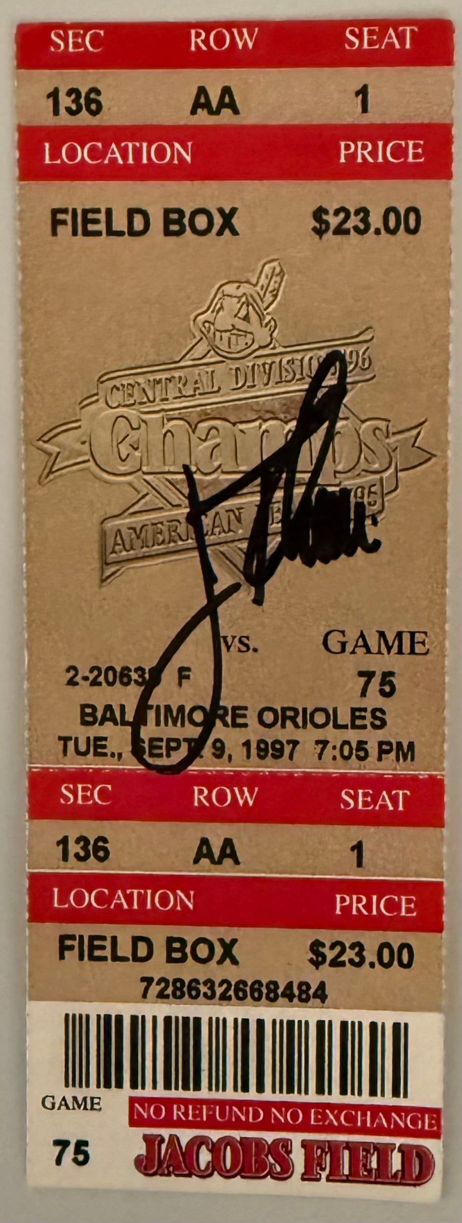 September 9, 1997, Indians versus Orioles, Jim Thome Autograph