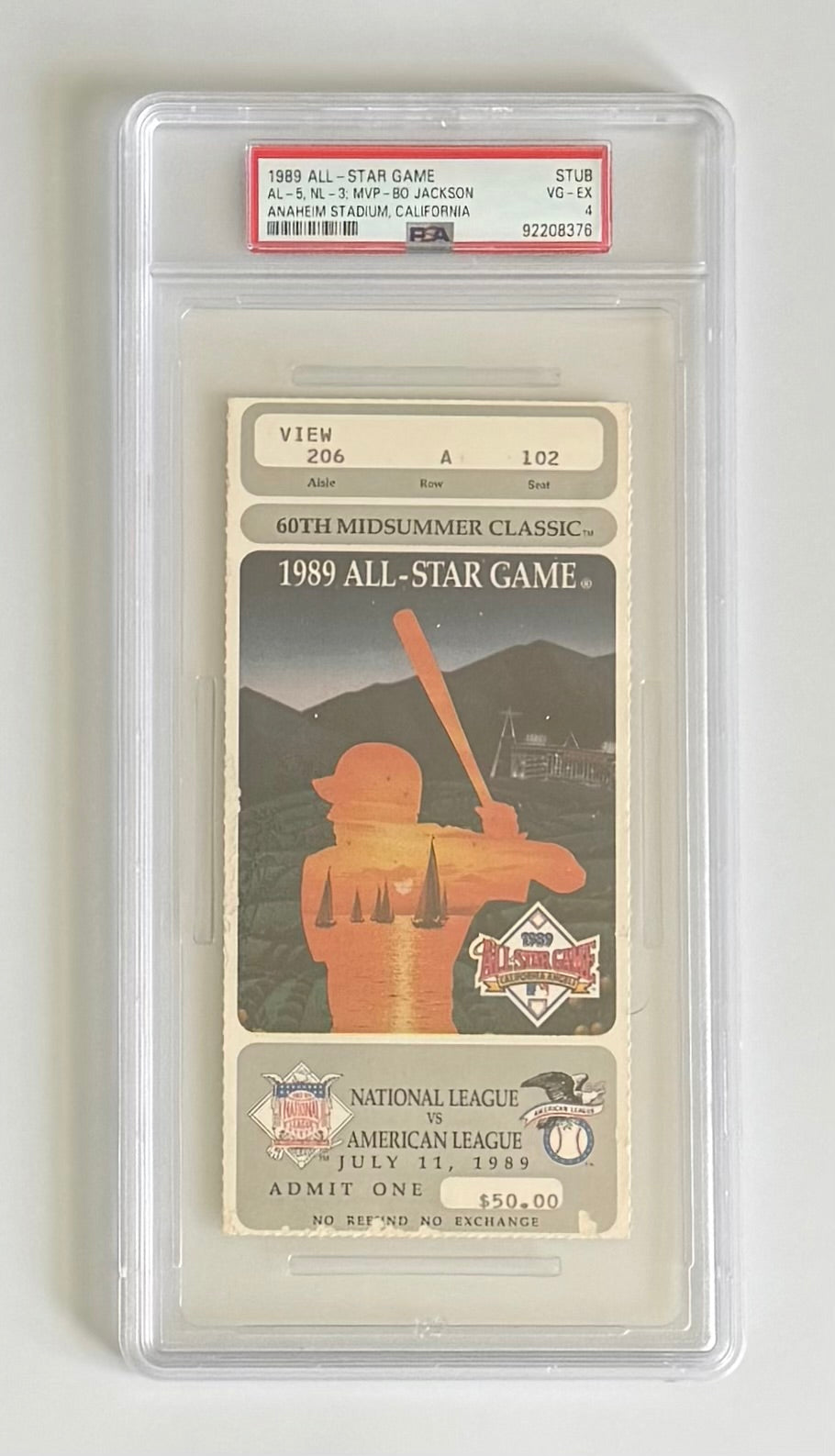 1989 MLB All Star Game, American League 9 National League 3, MVP Bo Jackson, PSA Stub VG-EX4
