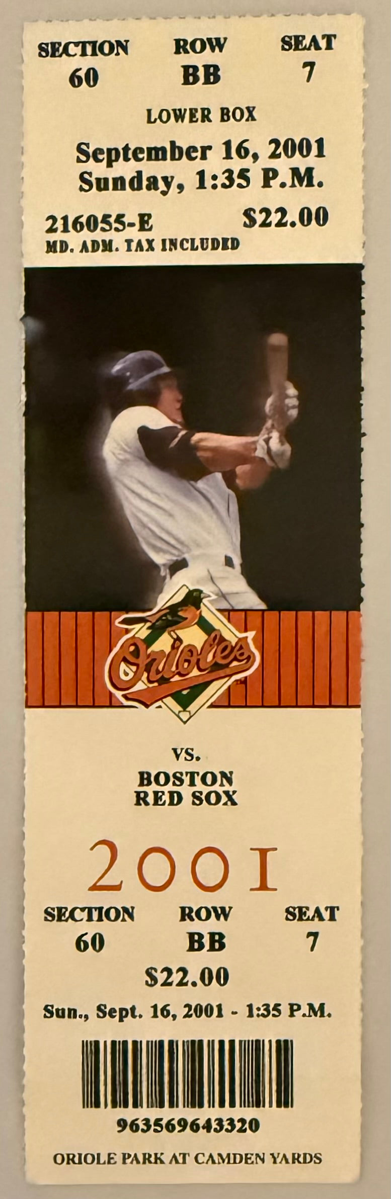 October 6, 2001, Cal Ripken Final Game Ticket, Originally Scheduled 9/16/01