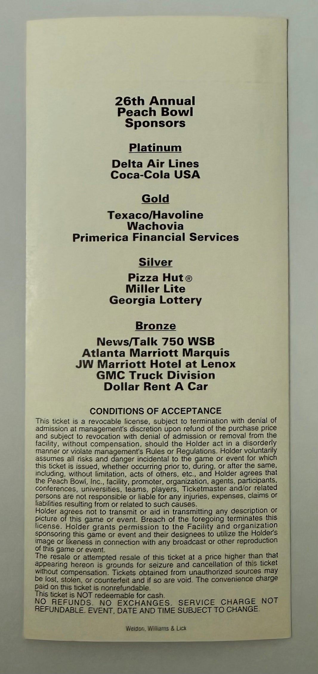 1993 Peach Bowl Game Played in Atlanta between University of Kentucky and Clemson December 31, 1993, Mint Full Ticket