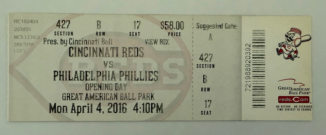 2016 Reds Opening Day Ticket 4/4/2016