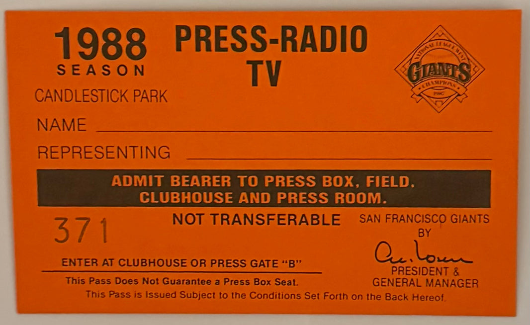 1988 San Francisco Giants Candlestick Park Press Pass