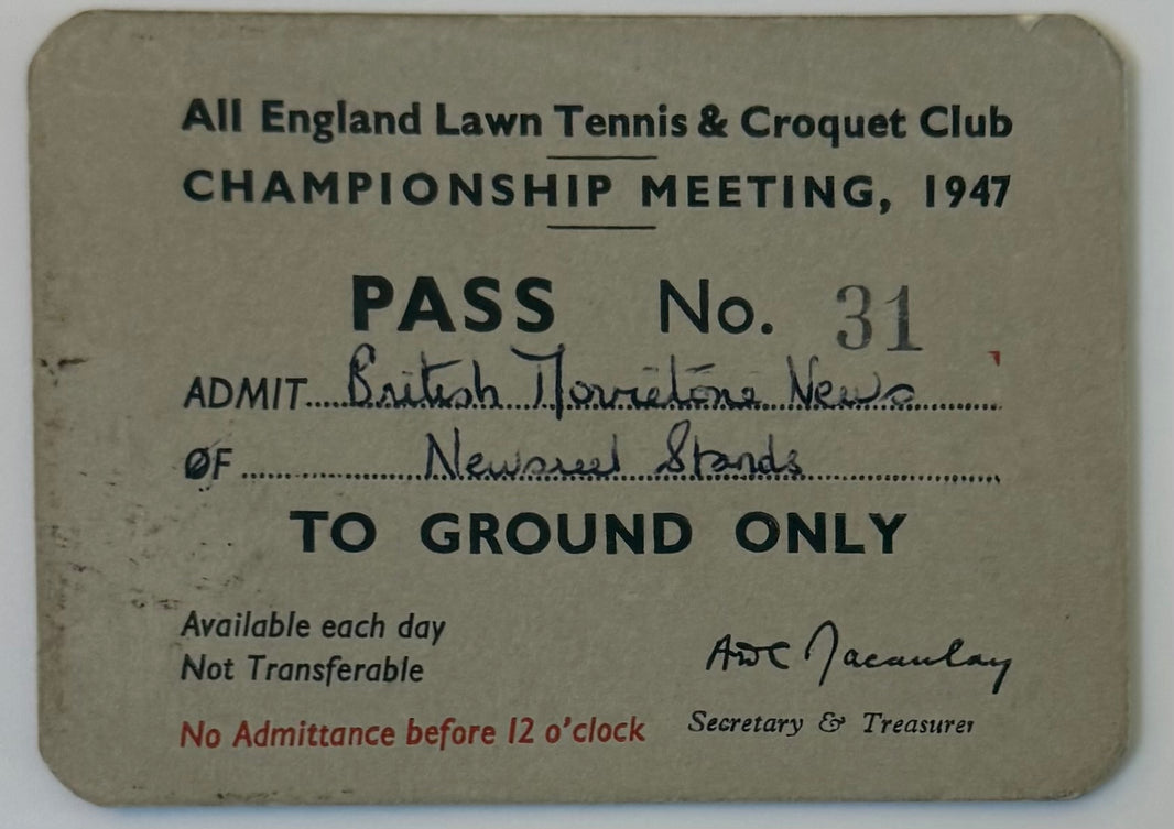 June 23 - July 5, 1947, Wimbledon Press Pass, Jack Kramer
