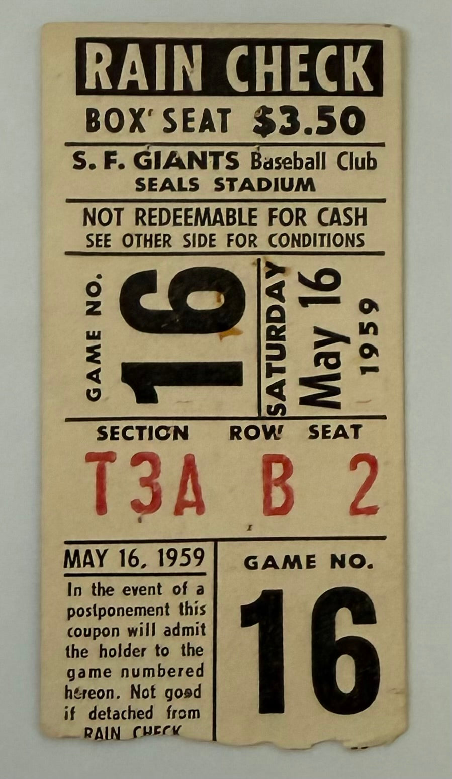 May 16, 1959, SF Giants at Seal Stadium, Orlando Cepeda - Home Run, Willie Mays 3-5