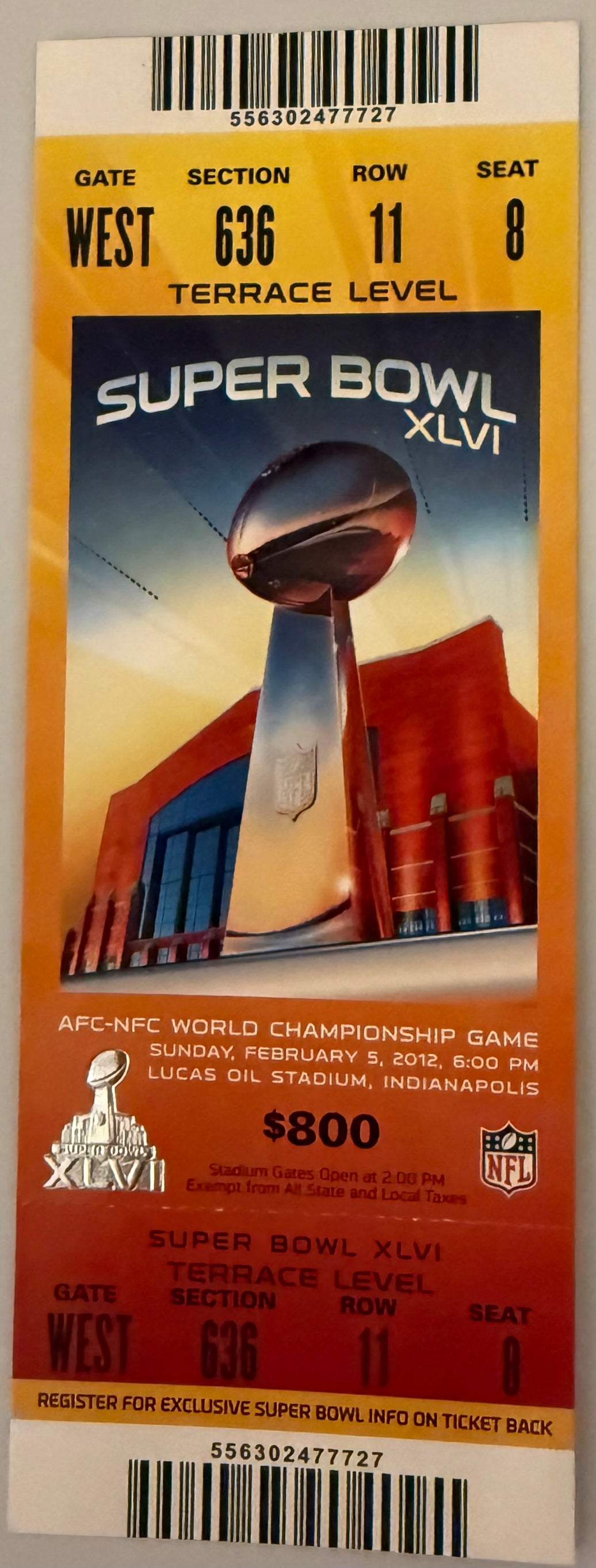 February 5, 2012, Super Bowl XLVI (46), Giants 21 - Patriots 17