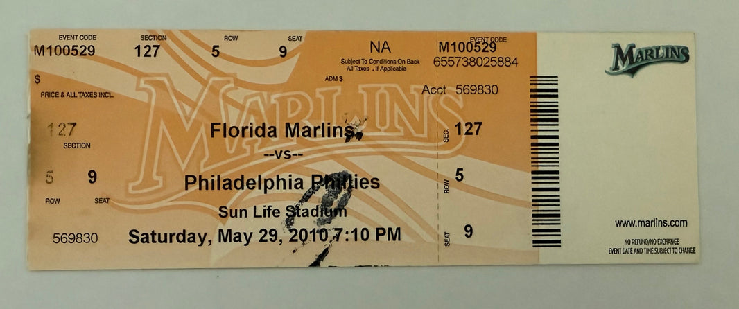 2010 Florida Marlins versus Philadelphia Phillies Roy Halladay Pitches Perfect Game May 29, 2010, Mark