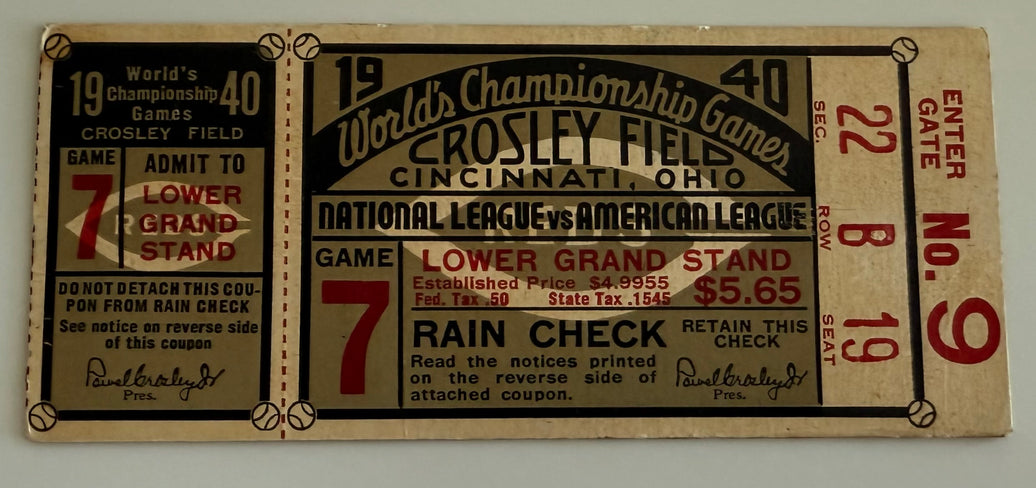 1940 World Series Ticket, Cincinnati Defeats Detroit in Game 7