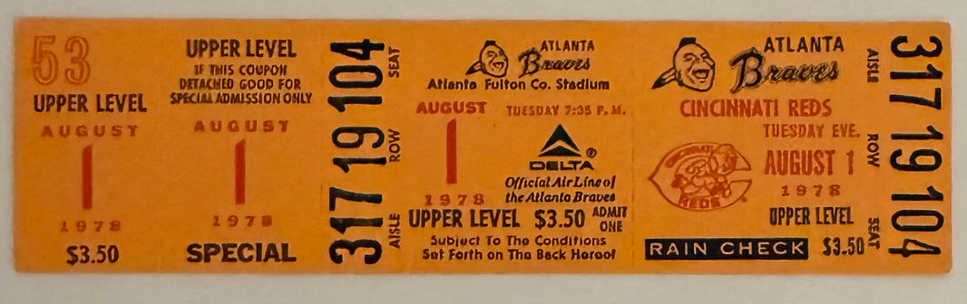 August 1, 1978, Pete Rose 44 Game Hit Streak Ended by Gene Garber-Full Ticket-$250