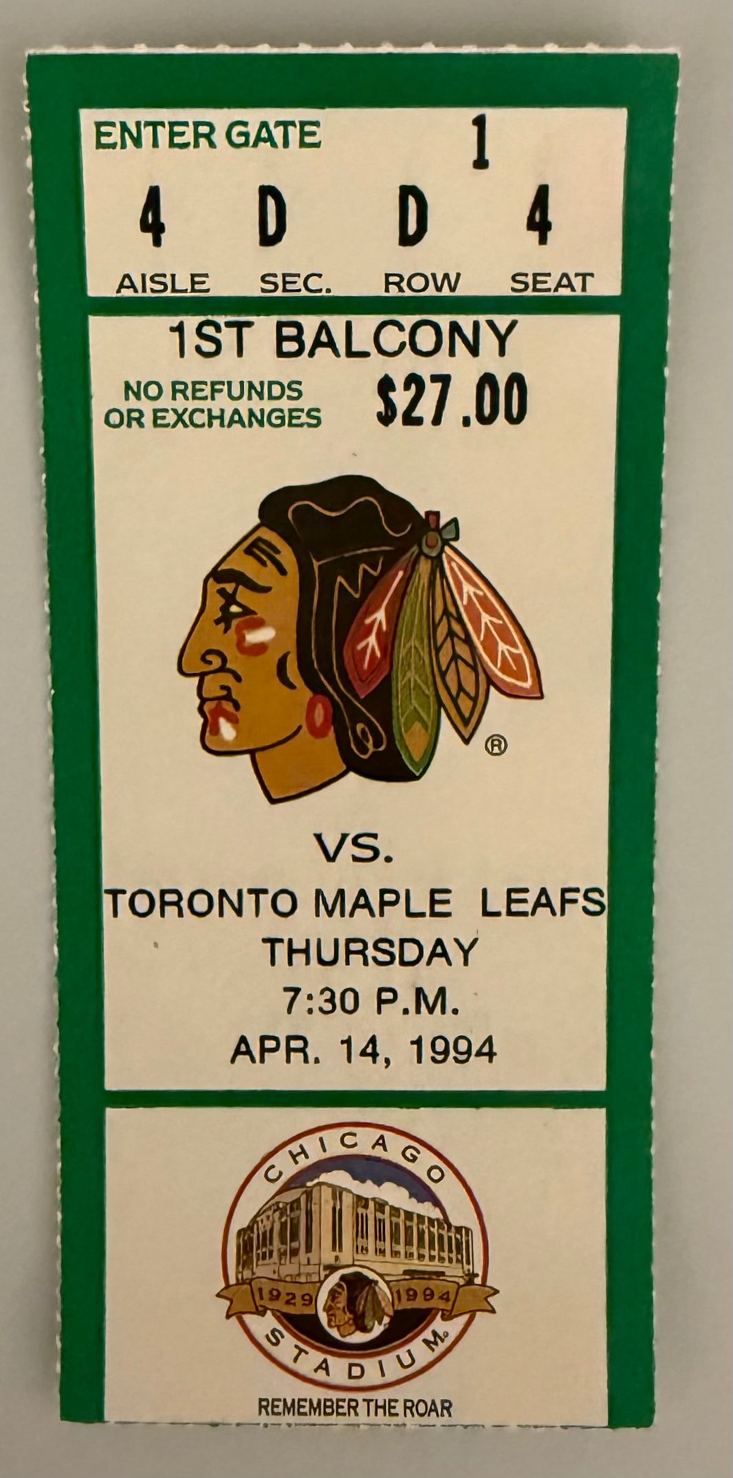 1994 Remember the Roar Final Regular Season Game for Chicago Blackhawks at Chicago Stadium Chicago Blackhawks versus Toronto Maple Leafs, April 14, 1994