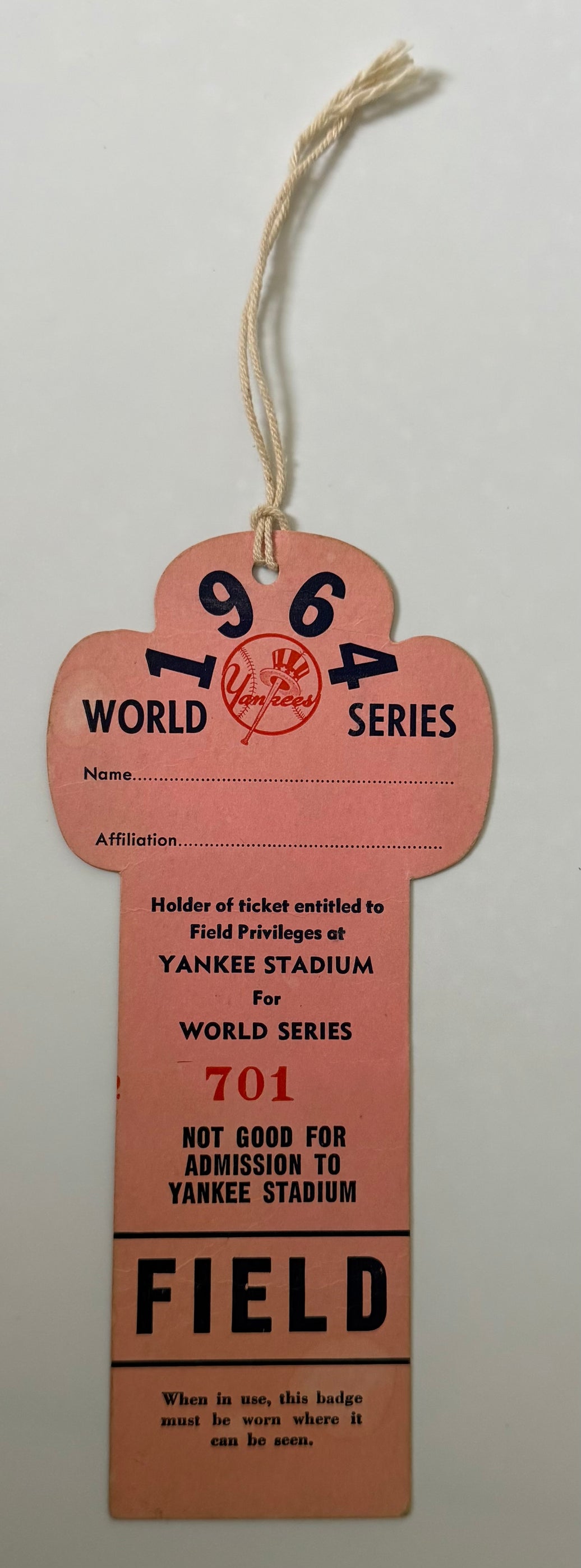 1964 Yankees World Series Field Level Press Pass