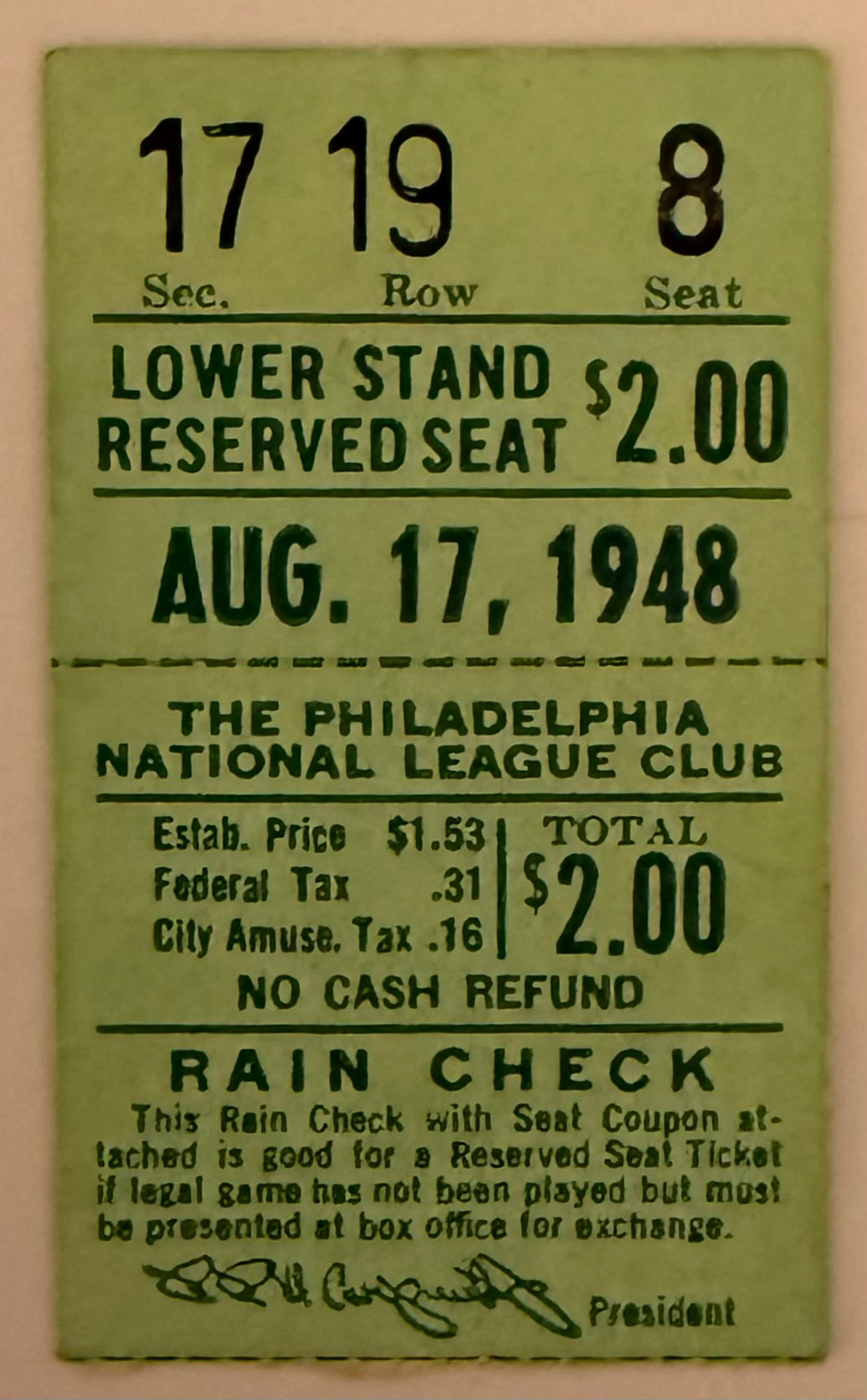 August 17, 1945, Phillies versus Dodgers, Jackie Robinson 2 Hits/SB (Condition- Back)