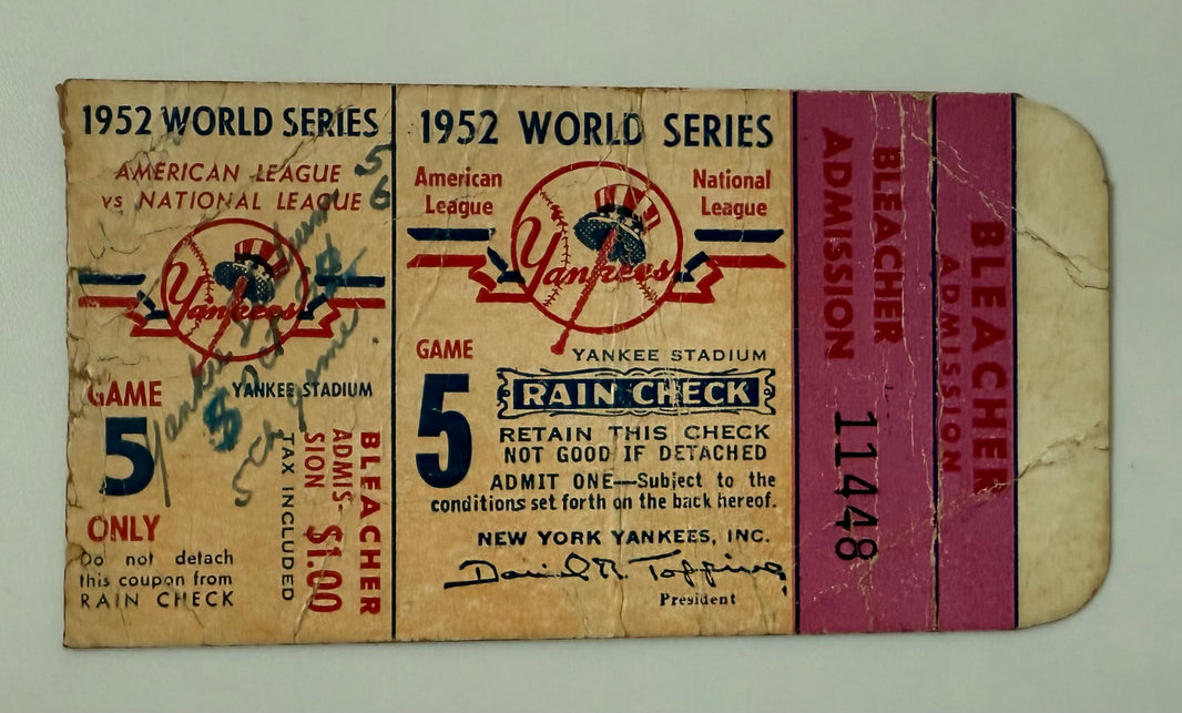 1952 World Series Stub versus Brooklyn Dodgers from Yankee Stadium ,Game 5, Mickey Mantle Hits Grand Slam, Jackie Robinson Has 2 Hits Writing on Front, Poor Condition