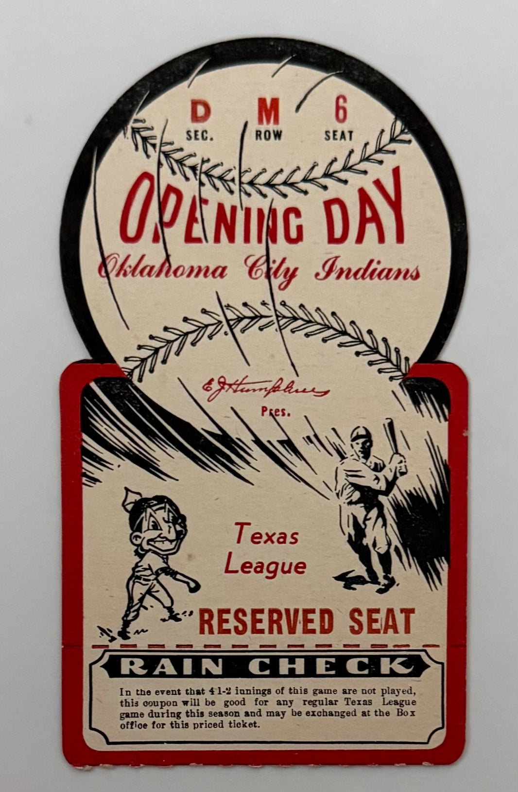 1949 Die Cut Ticket, Opening Day of the Oklahoma Indians, Texas League, April 13, 1949