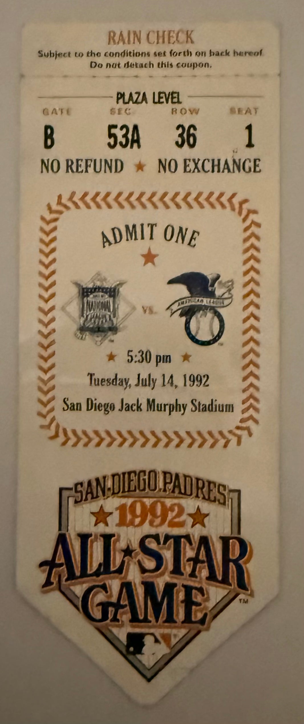 1992 MLB All-Star Game Played in San Diego, 7/14/1992, Crease