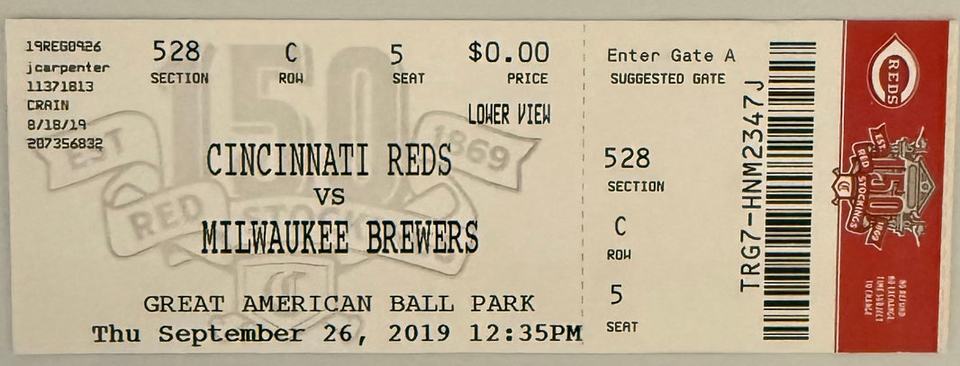September 26, 2019, Reds versus Brewers, Marty Brennaman Final Game
