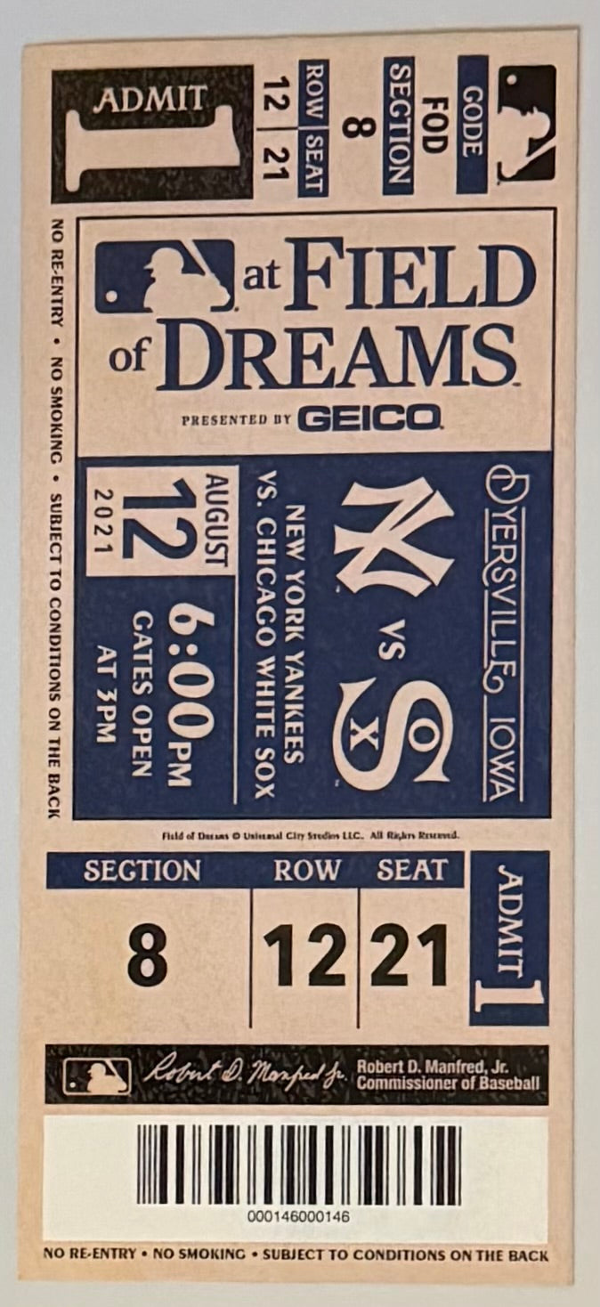 August 12, 2021, Souvenir Ticket, First Ever Field of Dreams Game, Yankees versus White Sox