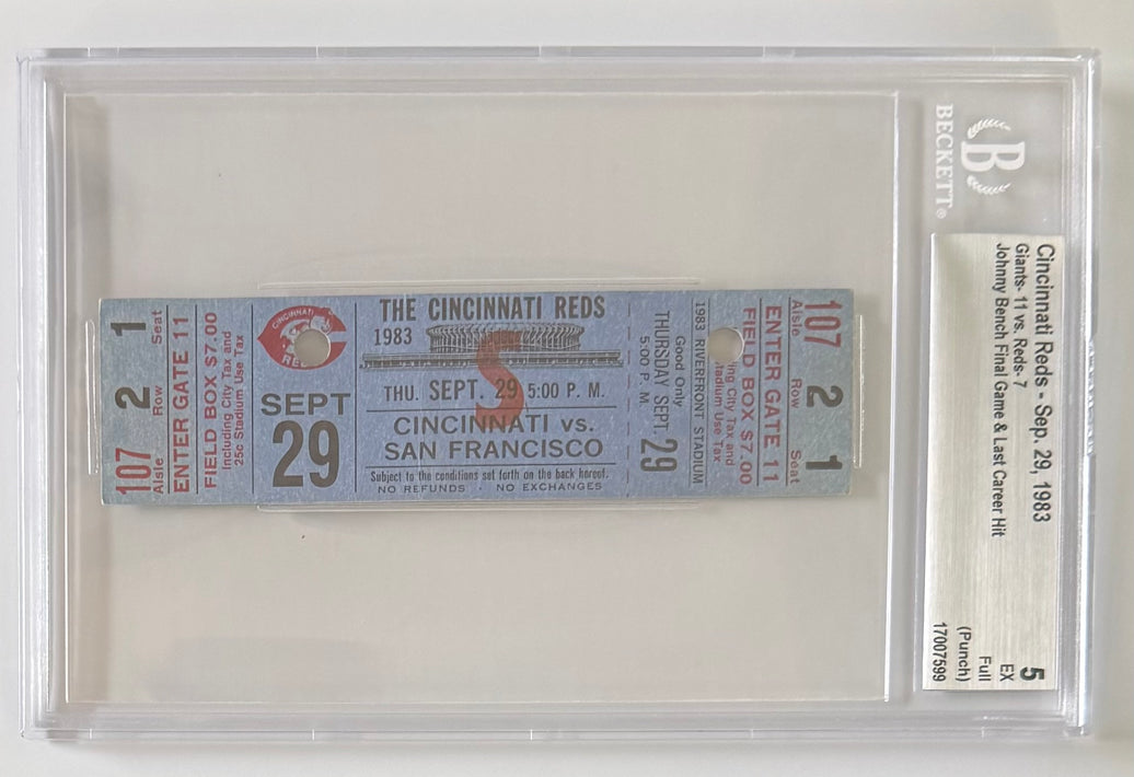 September 29, 1983, Johnny Bench Final Game/Hit, Full Ticket, Beckett G5