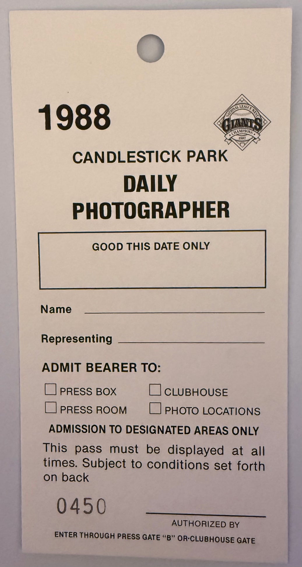 1988 San Francisco Giants Candlestick Park Press Pass