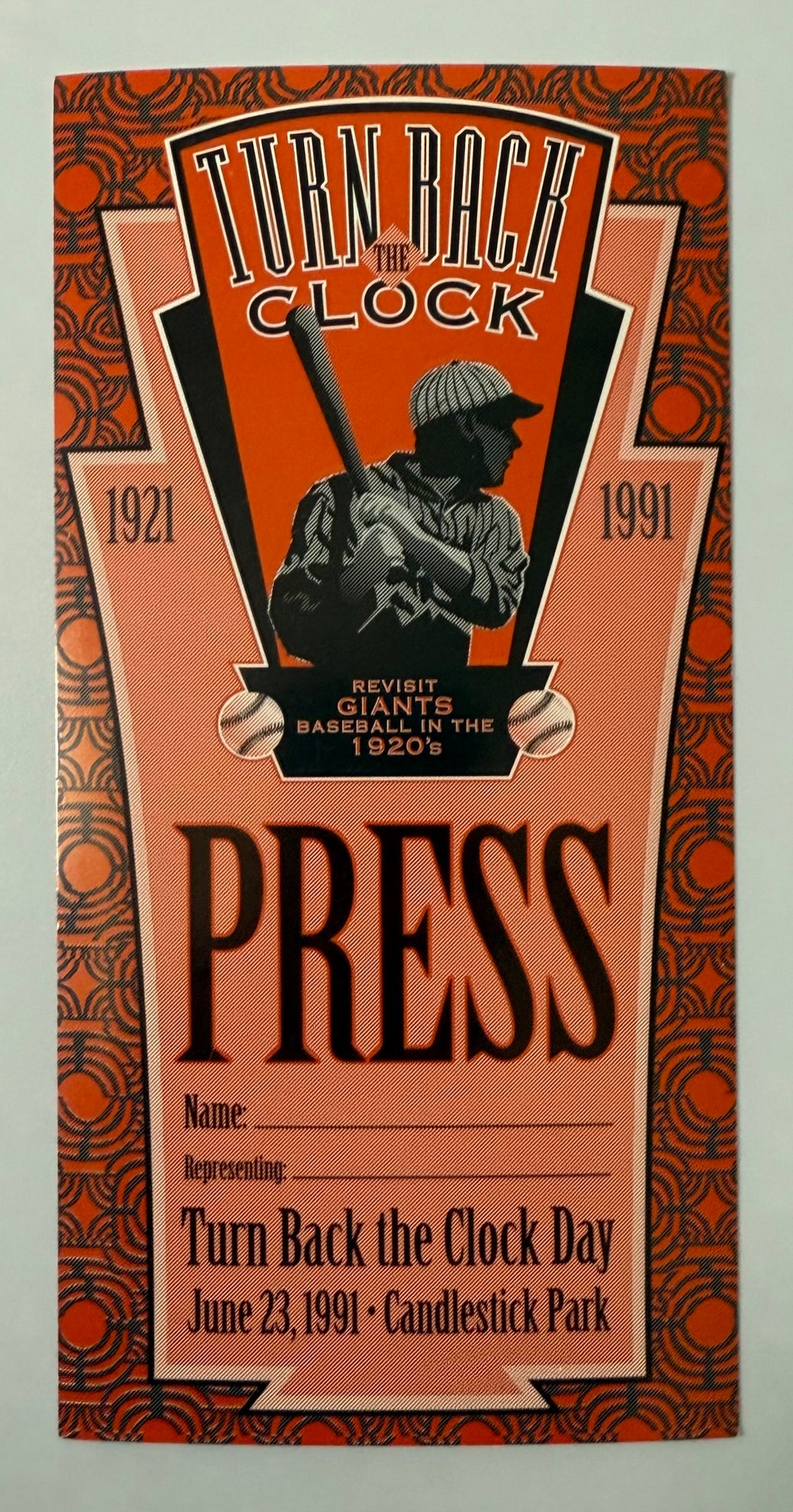June 23, 1991, Turn Back the Clock Day, Candlestick Park Press Pass