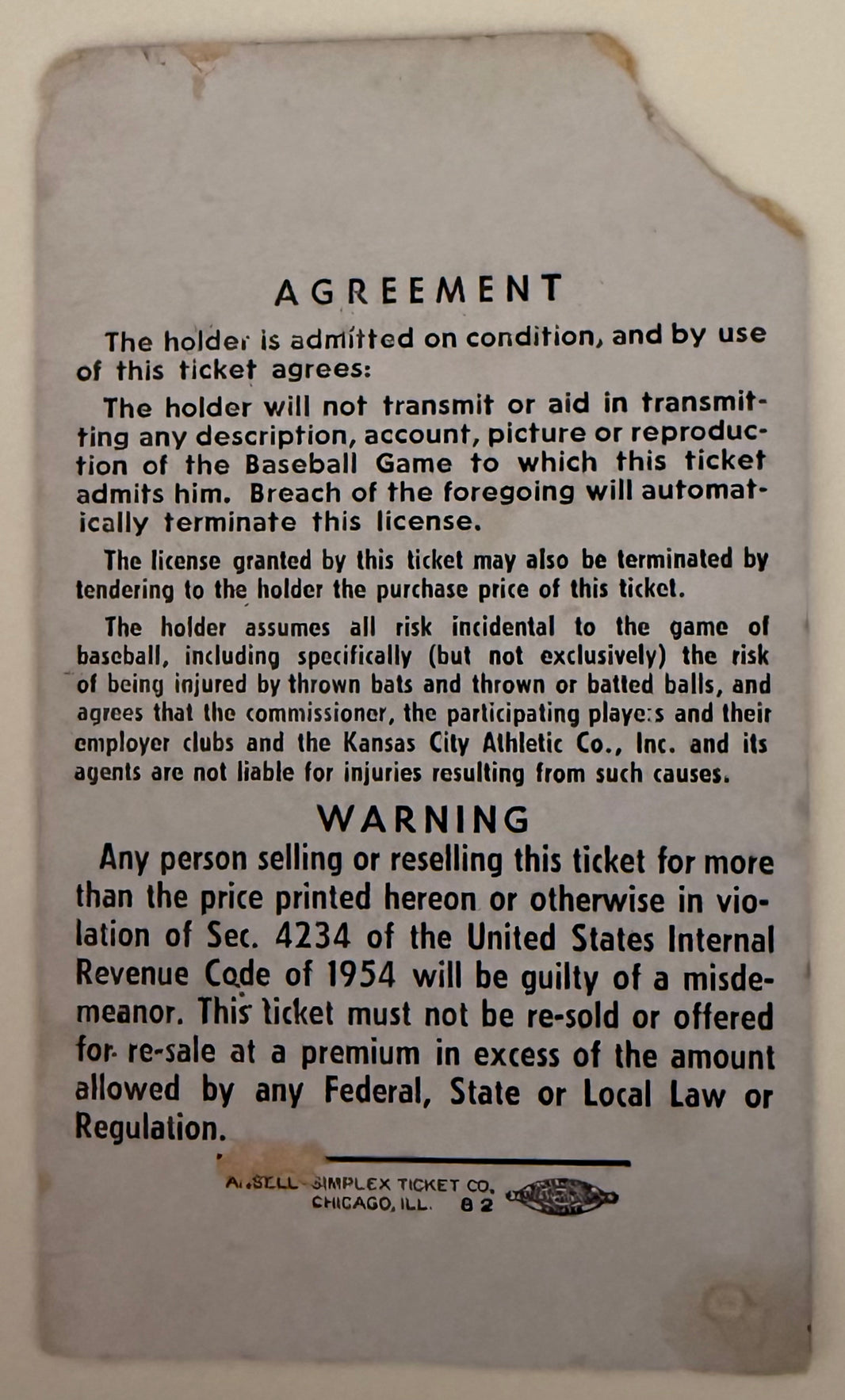 1960 MLB All-Star Game, Fair Condition Only