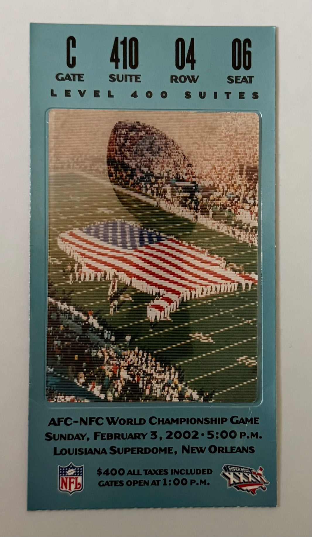 2002 Super Bowl Game, February 3, 2002 at the Louisiana Superdome, Oakland VS. Tampa Bay