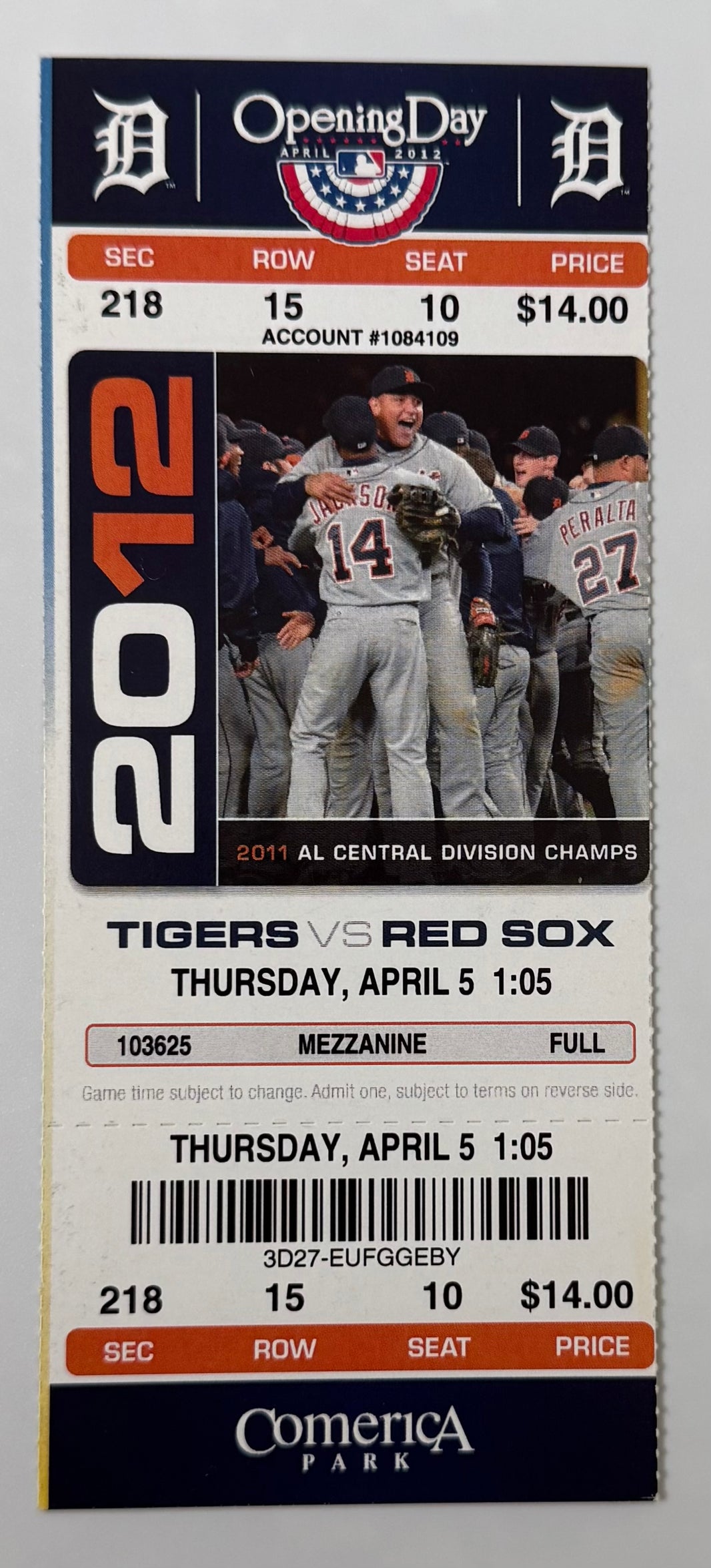 April 5, 2012, Detroit Tigers Opening Day versus Boston Red Sox