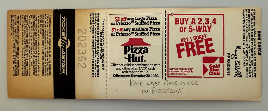 August 20, 1989, Pete Rose's Last Game at Riverfront as Manager, Writing On Back